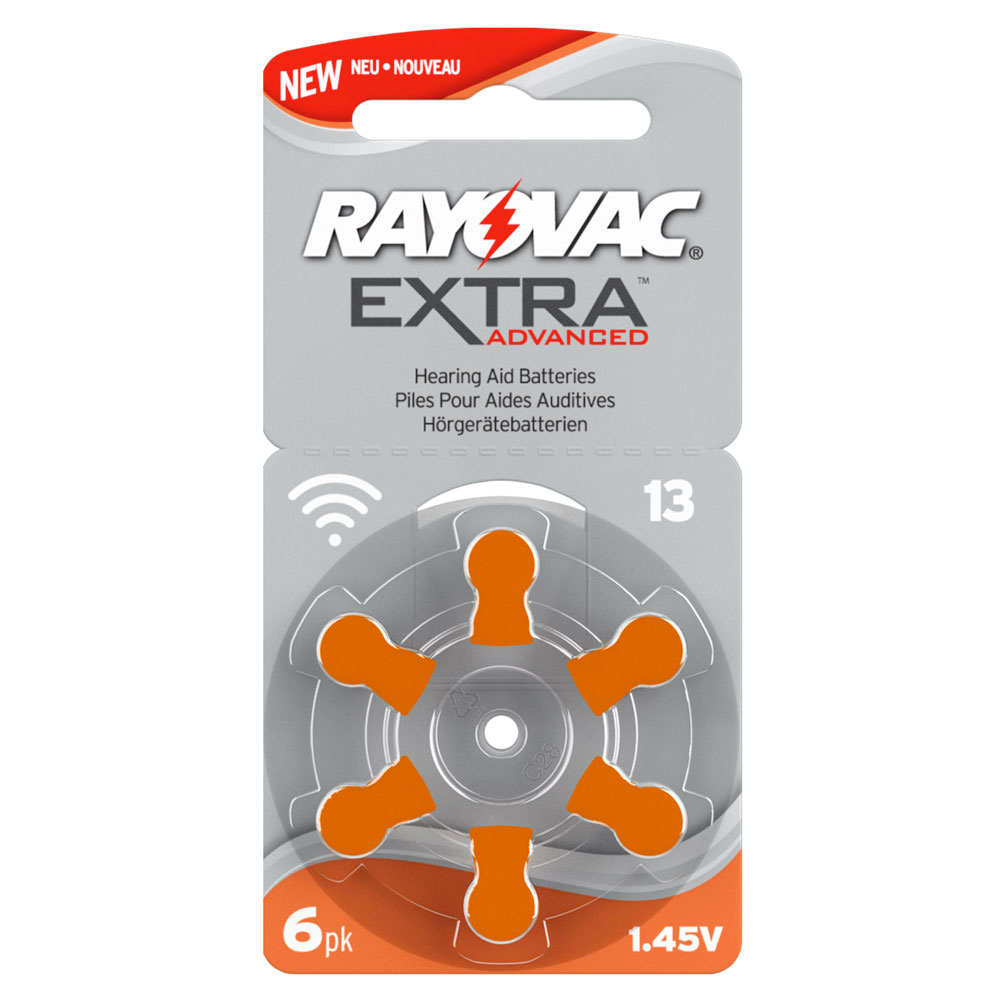 Plaquette de 6 piles auditives 13 Rayovac 0% mercure (Hg 0%) - Code couleur  orange